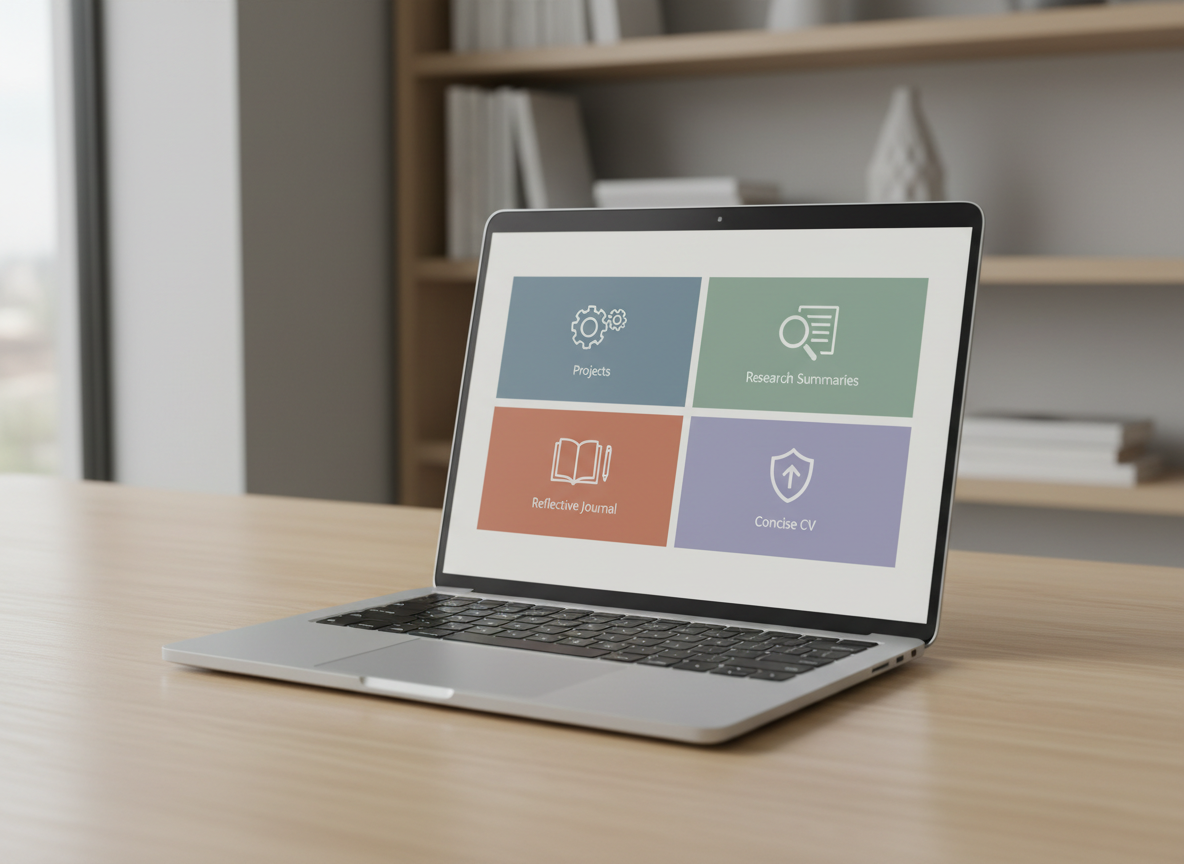 A clean, ultra-modern informal learning dashboard displayed on a slim, silver laptop with a matte screen, resting on a light birch desk. The screen shows a photographic realism interface with clearly separated areas representing projects, a reflective journal, research summaries, and a concise CV, organized as colorful but muted panels and icon-like shapes instead of text. Soft daylight from a nearby window falls across the desk, creating gentle shadows and subtle reflections on the laptop casing. Shot from a slightly elevated three-quarter angle with sharp focus, the background fades into a soft bokeh of shelves with neatly arranged books and neutral-toned objects, conveying a professional, focused atmosphere ideal for an academic portfolio.