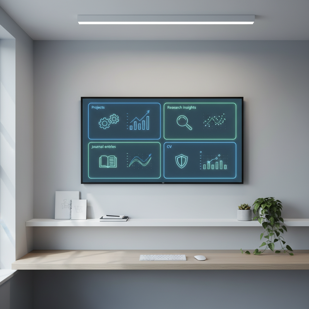A large, wall-mounted digital display in a minimalist studio office shows a photographic, data-rich informal learning dashboard. Distinct sections of the interface visually indicate projects, journal entries, research insights, and a CV through structured blocks, charts, and iconographic symbols rather than words. The room features a pale grey wall, a floating white shelf with a few carefully placed notebooks and plants, and a light wood workstation beneath the screen. Cool, diffused overhead lighting mixes with faint window light, creating clear, even illumination. Captured straight-on at eye level with crisp focus across the frame, the mood is organized, analytical, and calm, highlighting innovative solutions to instructional design challenges.
